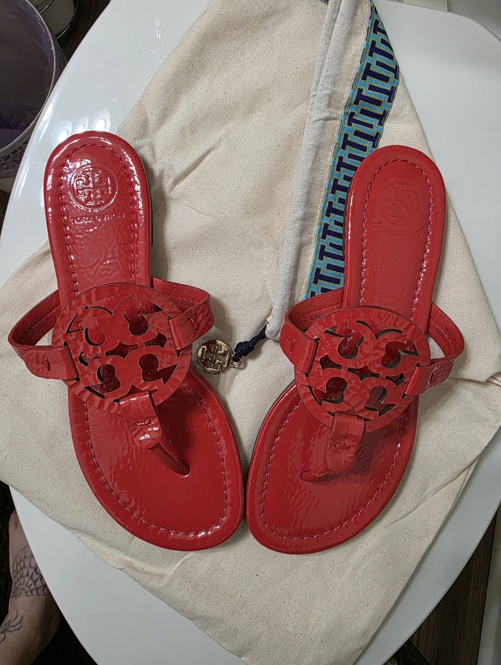 Tory Burch Coral Crush Patent Miller Thong Sandals with Logo Cutout
